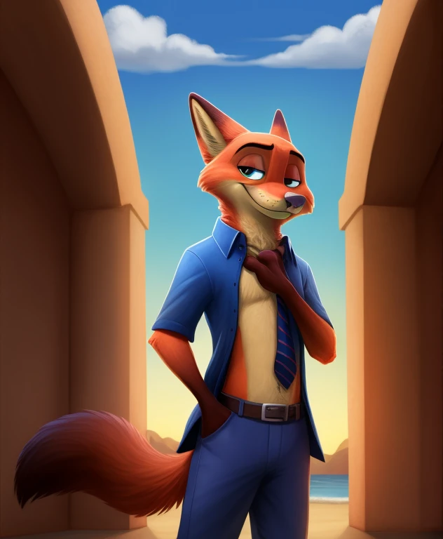 El malvado Nick Wilde, ojos rojos malvados, supertraje de latex oscuro, colmillos afilados, Vista de cuerpo completo, sin fondo