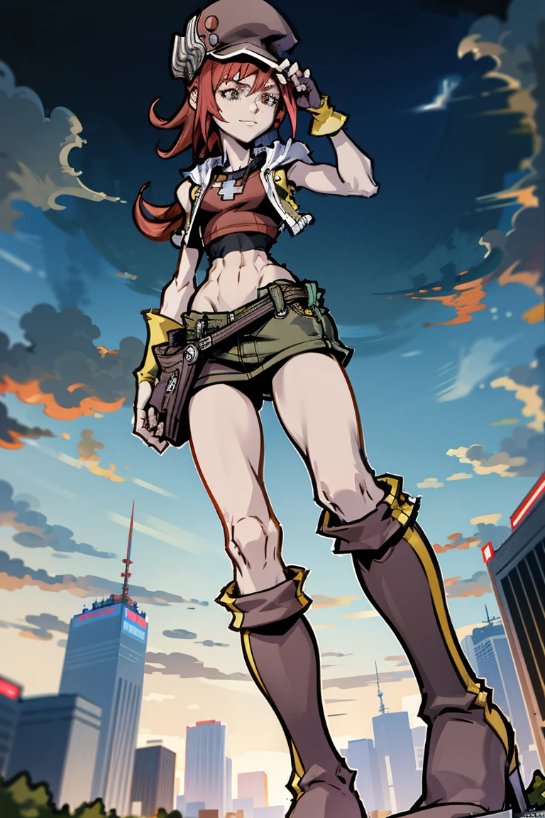 Towering red-haired powergirl, superheroine outfit, newsboy cap, midriff, toned arms, smug, abs, fingerless gloves, skirt, , boots, stomping the viewer ,GTS, Looming, Giantess,UGShiki, stomp