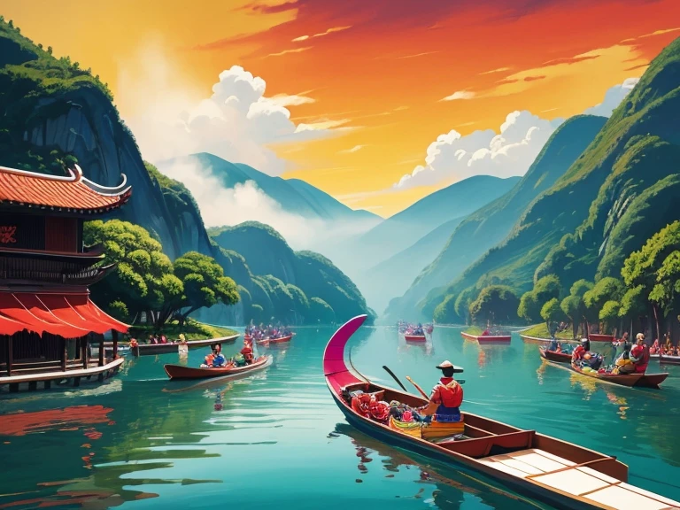 Dragon boat festival illustration featuring vibrant brush strokes, traditional cultural celebration, dynamic composition, detailed dragon boats, colorful festival attire, traditional setting, artistic interpretation, medium: digital painting