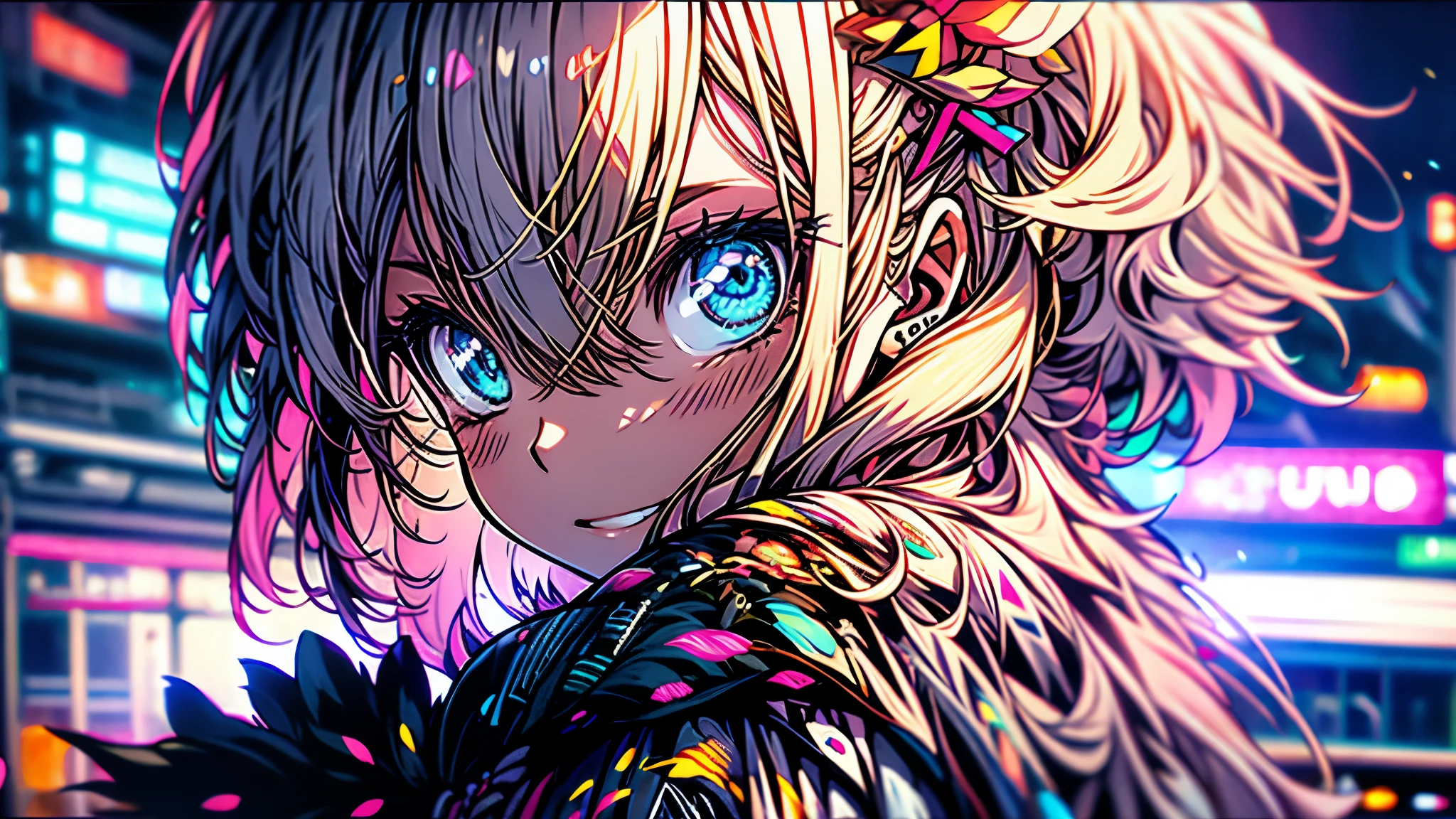 single cute adult girl in neon city