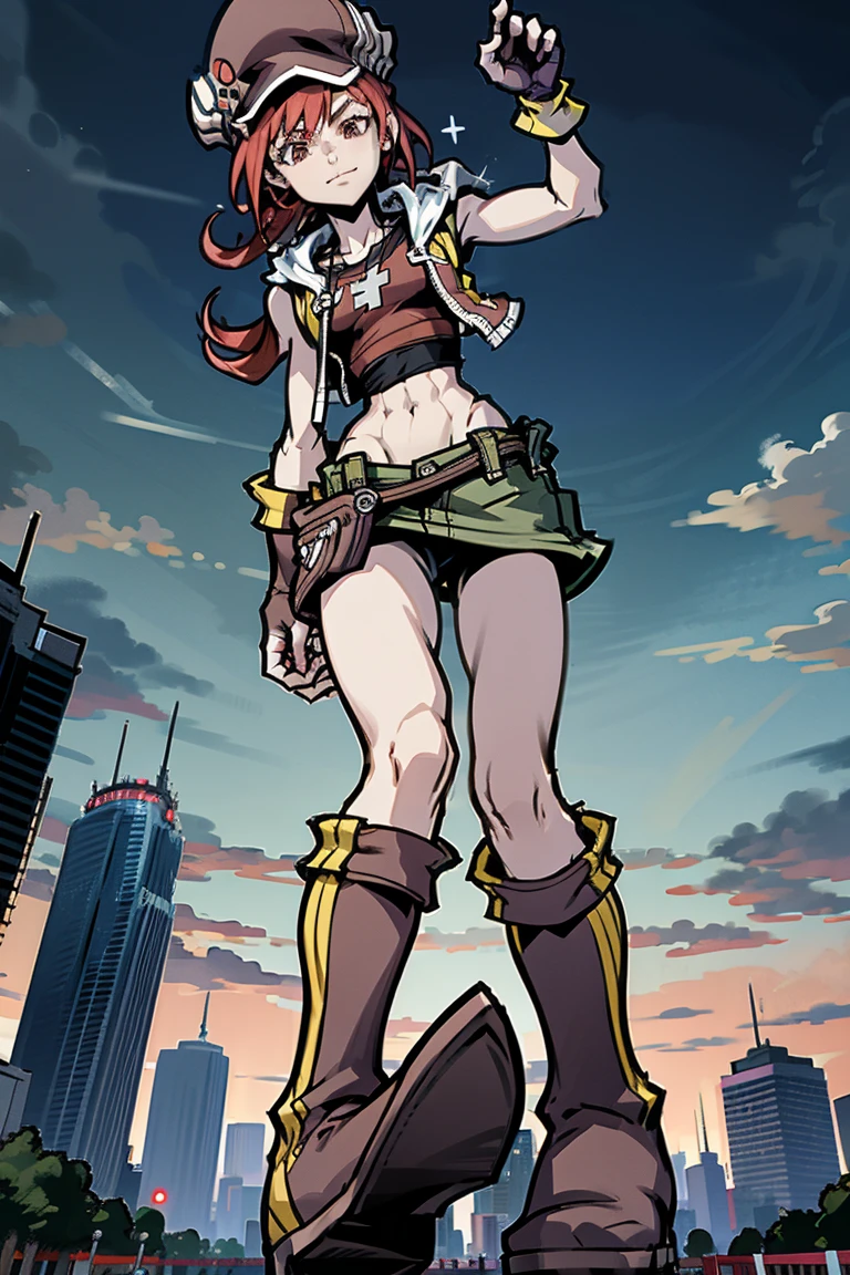 Towering red-haired powergirl, superheroine outfit, newsboy cap, midriff, toned arms, smug, abs, fingerless gloves, skirt, , boots, stomping the viewer ,GTS, Looming, Giantess,UGShiki, stomp