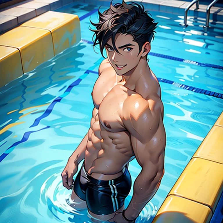 1hombre, adolescente, musculoso, fuerte, espalda ancha, pelo negro, ojos azules, sousuke yamazaki, free!, nadador, speedo, apretado, mojado, cuclillas, piernas separadas, lengua fuera, sonrisa, bulto, piscina, camara desde arriba, full color,4k, detallado, cara perfecta.