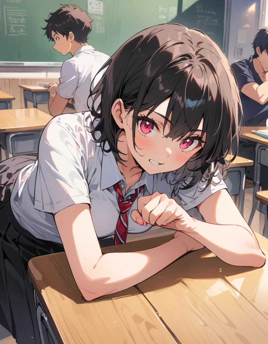 1 girl、(Black Hair、short hair:1.2)、(high school student、uniform)、(Playing arm wrestling with friends)、brave look、School classroom、(highest quality、masterpiece、High resolution、detailed)animeスタイル、flat style、(Shining Eyes、detailed美しい顔), BREAK,anime