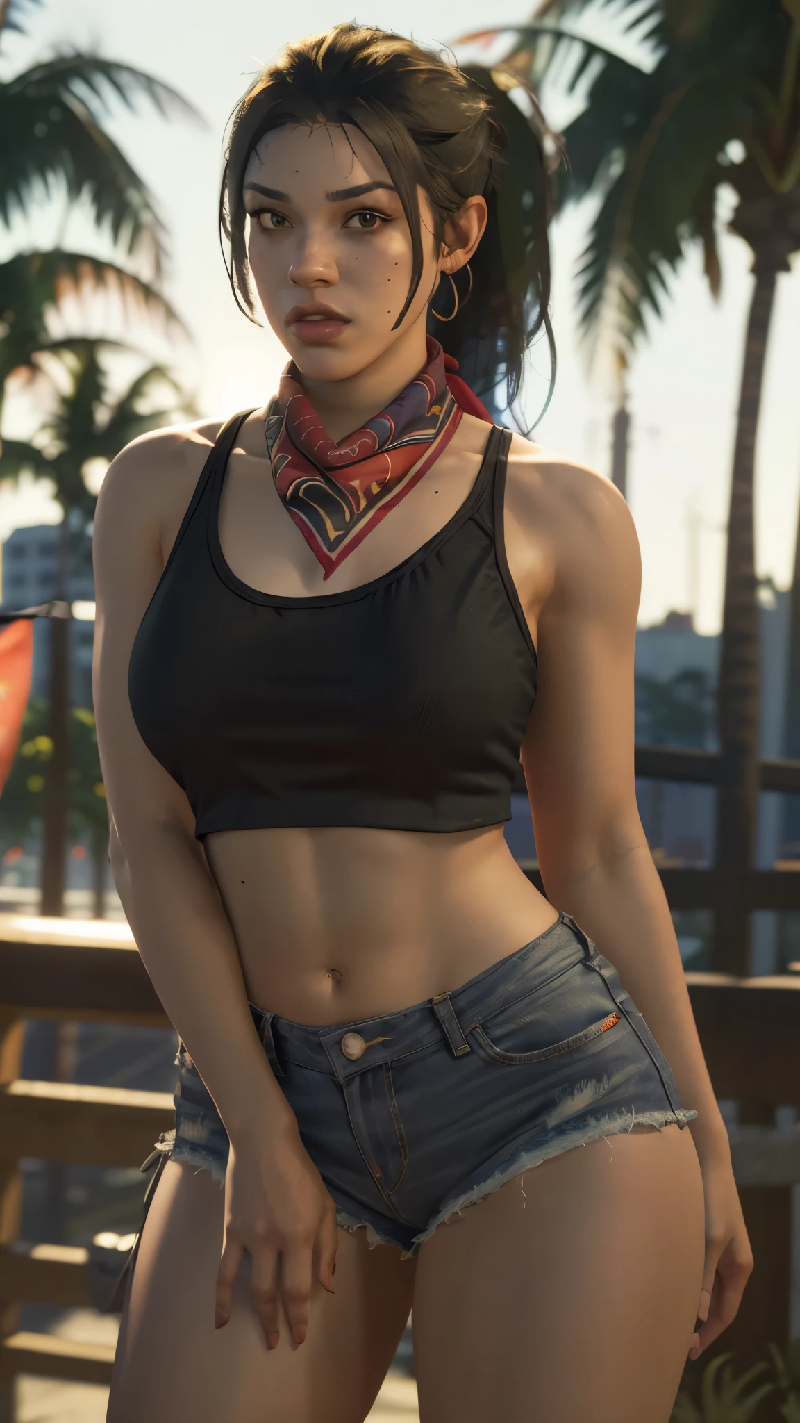 gtluc, a woman,ponytail,red bandana, black tank top,denim shorts,miami,masterpiece,8k,bokeh,volumetric lighting,rim lighting,soft lighting,cinematic,sharp, extreme dof, large breasts, thick thighs 