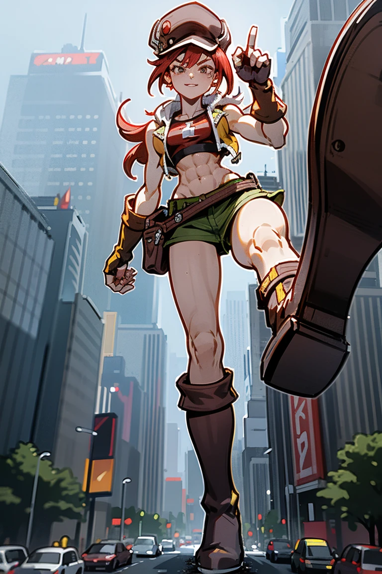 Towering red-haired powergirl, superheroine outfit, newsboy cap, midriff, toned arms, smug, abs, fingerless gloves, skirt, , boots, stomping the viewer ,GTS, Looming, Giantess,UGShiki, stomp