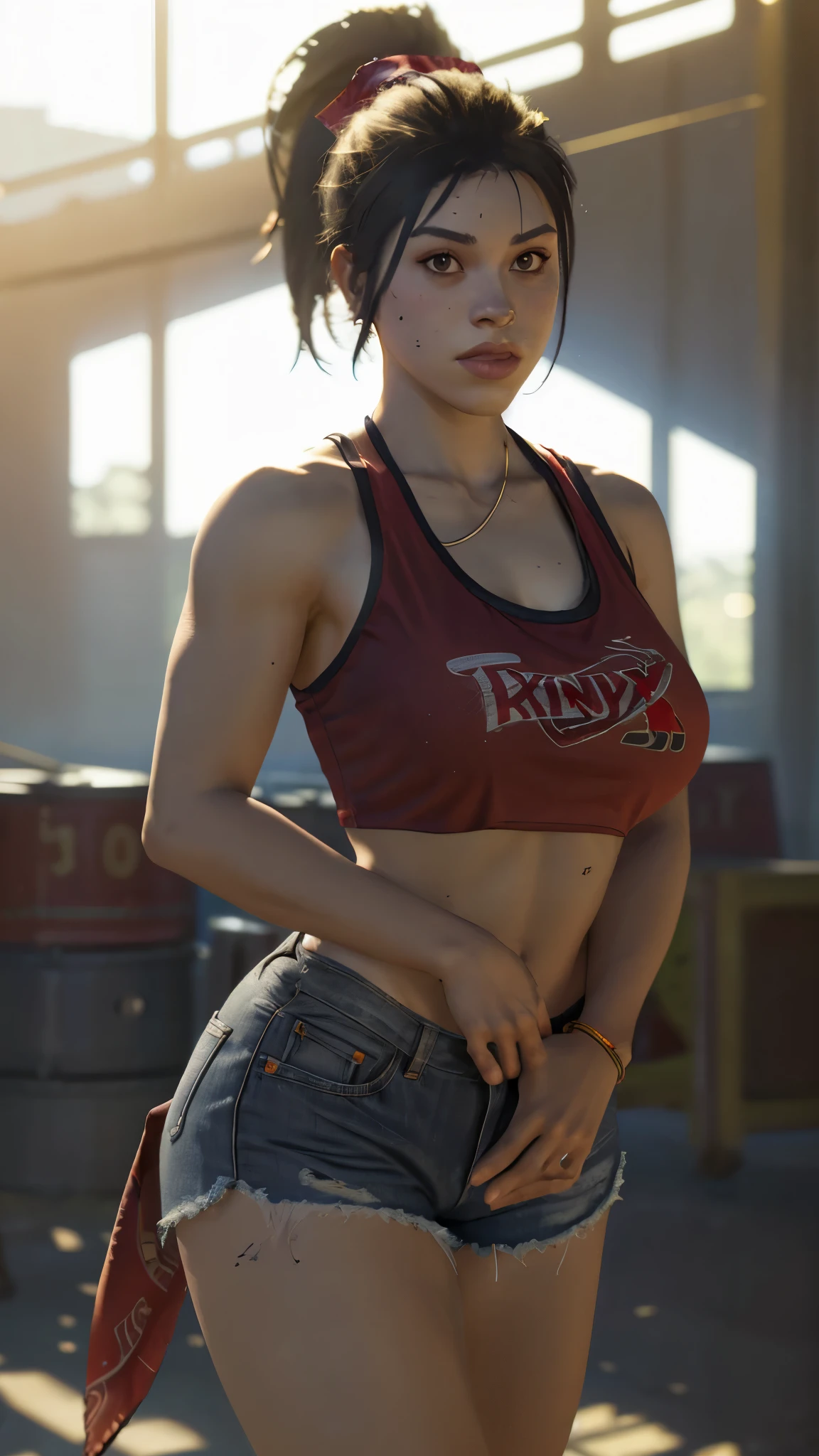 gtluc, a woman,ponytail,red bandana, black tank top,denim shorts,miami,masterpiece,8k,bokeh,volumetric lighting,rim lighting,soft lighting,cinematic,sharp, extreme dof, large breasts, thick thighs 