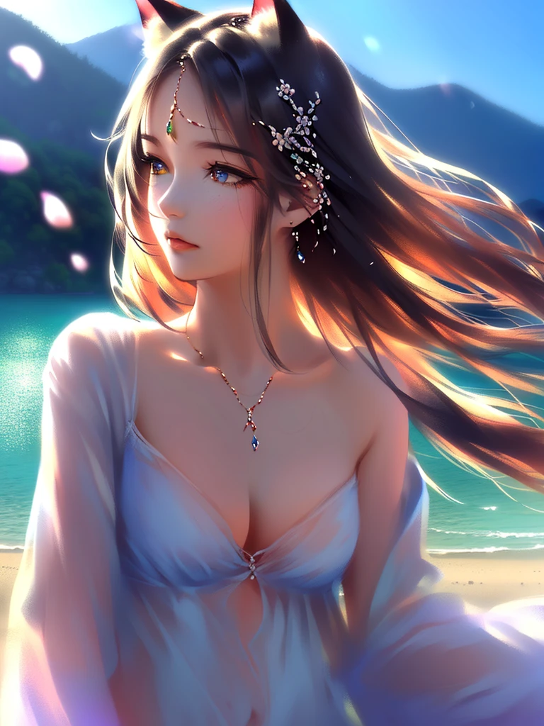 anime style, super fine illustration, highly detailed, dynamic angle, beautiful detailed, 8k, A girl is impressed by the cherry blossoms in Fuji-Hakone Izu National Park and the blue sky by the lakeside with Mt. Cherry blossom petals are dancing in the wind, the surface of the lake is calm, and the girl's expression is sincerely moved by the beauty of nature. very good illustration, High detail, dynamic angle, beautiful detailing,2D, (Best quality, masterpiece, Beauty, tenderness), Anime, Highly detailed face, very detailed eyes, very detailed background, Ideal lighting, Whole body, 1 girl, One, (Very detailed cat ears), (Very detailed ears behind the hair), Finely detailed eyes, ears covered with hair, (Very detailed eyes)