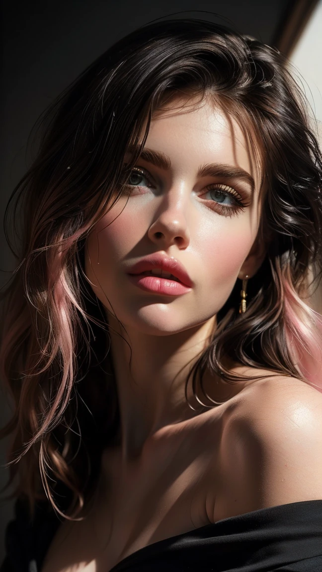(((ultra realistic))) Photo, masterpiece, top quality, (pale skin), (Ultra detailed face and eyes:1.1), 1 girl, Adult, deep neckline, (Eye makeup, mascara) , ((large detailed lips)), ((pink wavy hair)), ((Chyolka)) , ((Natural breasts)). ((Posing)), photoshoot, studio ((contour light)), (The play of light and shadows), depth of field, bokeh, (special attention to skin detail: 1.2), (Light atmosphere of the frame, Pastel colors, Colours black), ((portrait, close to the camera)) , ultra detialed,