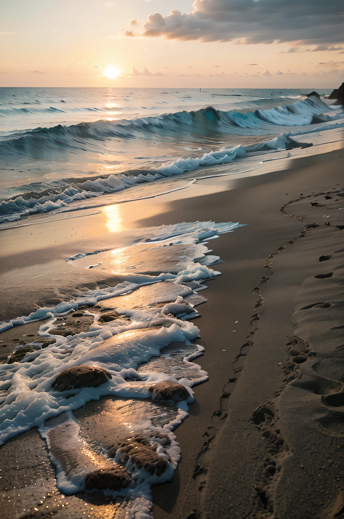 sunset at the beach, footprints in the sand, setting sun, Turquoise waves, rocks