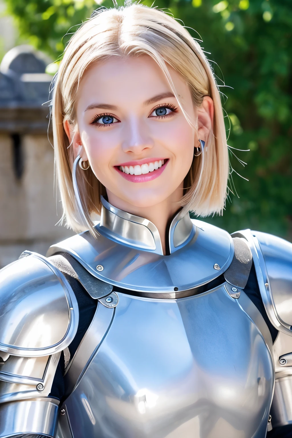8K、highest quality、female knight、Luxurious Silver Armor、、hairstyle short cut、smile、Beautiful Teeth、Full body photo、ear piercing、blonde、White woman、blue eyes、Heavy makeup、The background is inside the castle