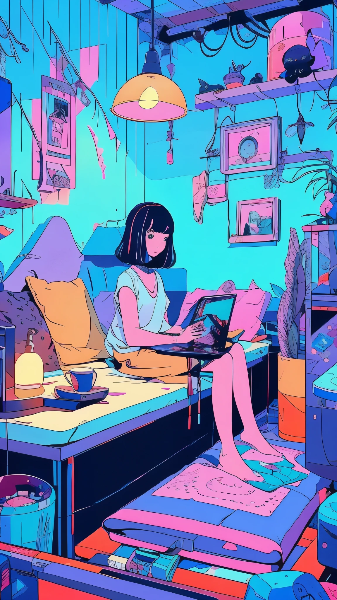 cartoon girl sitting at a desk with a laptop computer, cartoon style illustration, digital anime illustration, in the art style of bowater, in style of digital illustration, illustration style, beautiful illustration, cute detailed digital art, beautiful digital illustration, stunning art style, trending on artstration, proffesional illustration, cute digital art, procreate illustration, beautiful drawing style