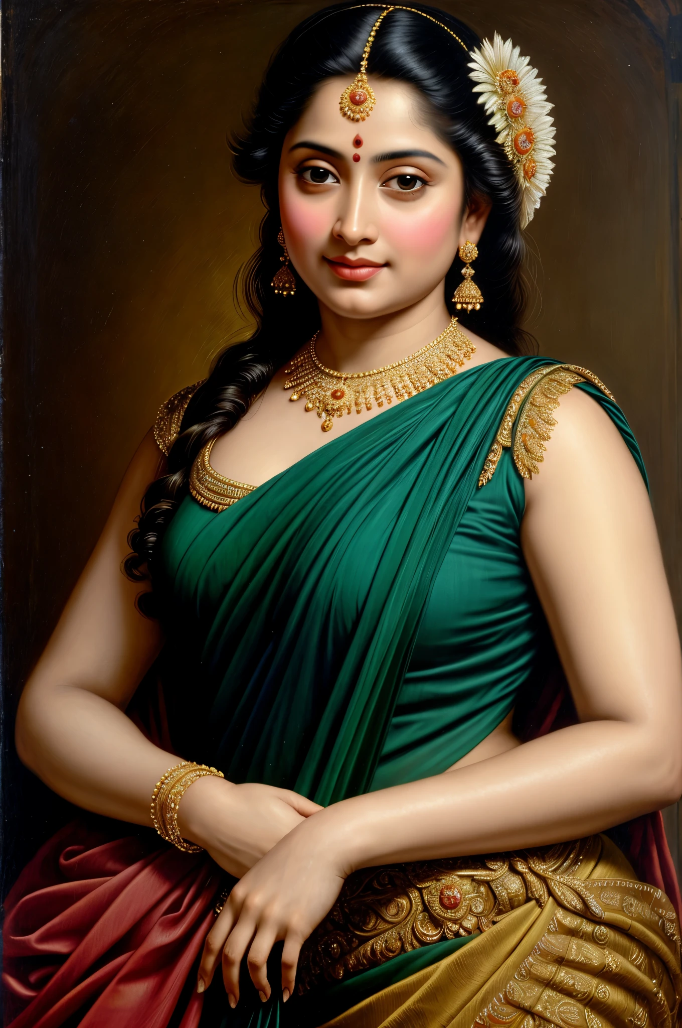 Beautiful Indian Woman, wearing saree, sari Beauty, gorgeous, Apsara, Maharani, royal queen woman, nymph from Hindu Mythology, Urvashi, matchless beauty, Highly detailed, Oil Painting by Peter Paul Rubens inspired by Raja Ravi Varma, Matchless beauty, captivating, gorgeous, heavenly beauty, celestial beauty, by Peter Paul Rubens, 13, realistic, hyper realistic, micro details, incredible artwork, insane details, ultra High resolution, 8k, 32k, acrylic on canvas, intricate, flawless, detailed, detailed face, detailed eyes, masterpiece, by Peter Paul Rubens, by Caravaggio, by William Adolphe bouguereau, perfect face, perfect body, beautiful art, realism, baroque, renaissance Art, highly textured, beautiful and detailed eyes, uhd, best quality,