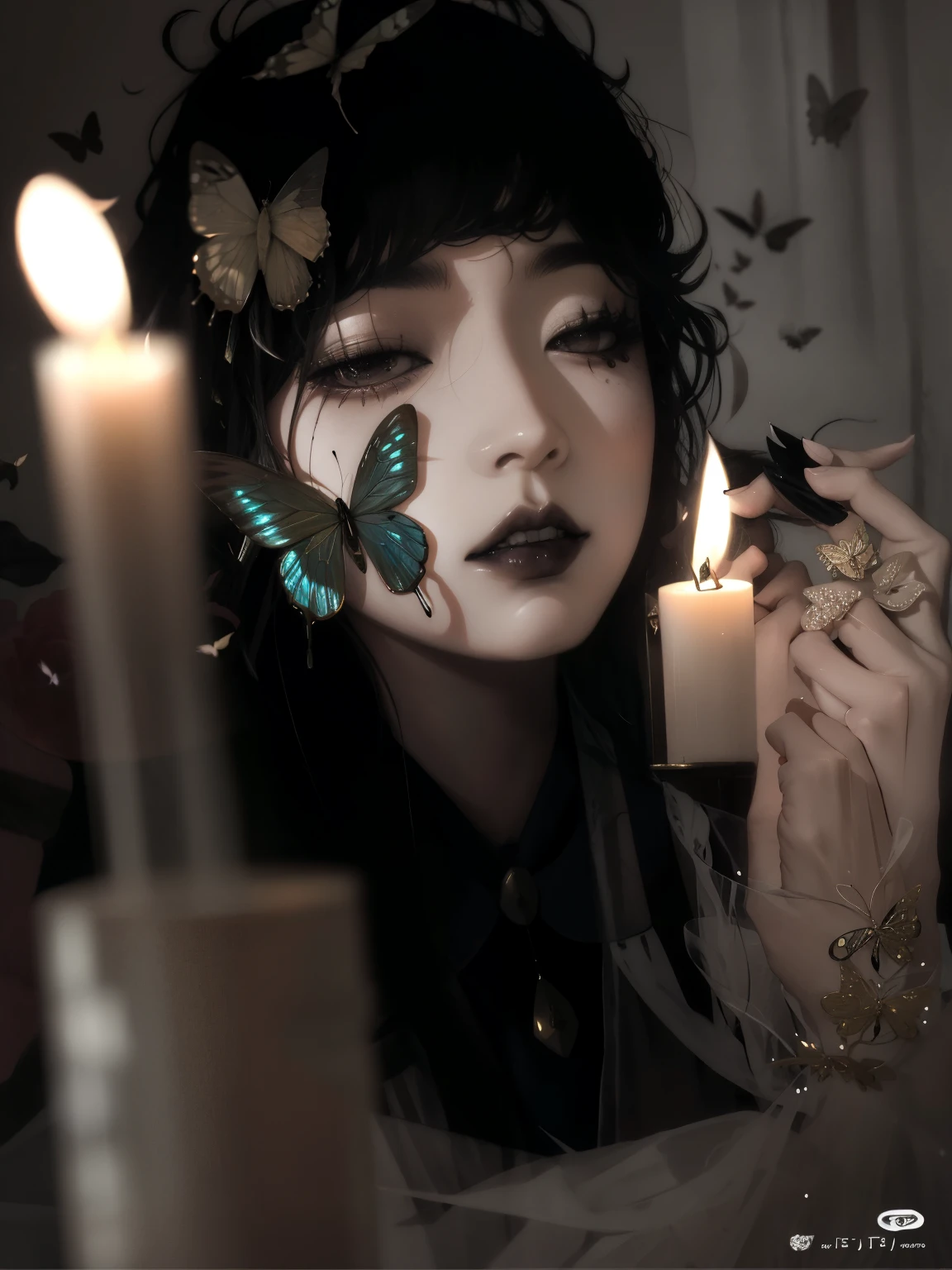 Mujer arafed con una mariposa en la cara y una vela., takato yamamoto aesthetics, Butterfly lighting, dreamy and ethereal and dark, inspirado en Takato Yamamoto, inspirado por Yoann Losssel, por Ayami Kojima, in a room full of candles, foto estetica, gothic girl aesthetic, dramatic candlelight, soft Butterfly lighting