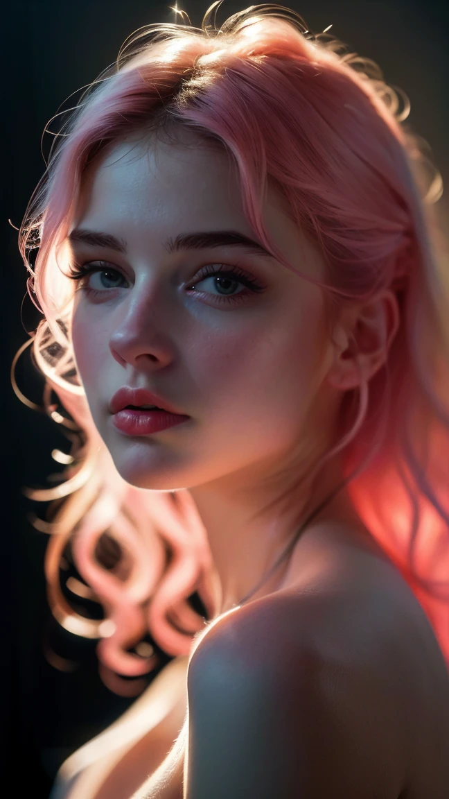 (((ultra realistic))) Photo, masterpiece, top quality, (pale skin), (Ultra detailed face and eyes:1.1), 1 girl, Adult, deep neckline, (Eye makeup, mascara) , ((large detailed lips)), ((pink wavy hair)), ((Chyolka)) , ((Natural breasts)). ((Posing)), photoshoot, studio ((contour light)), (The play of light and shadows), depth of field, bokeh, (special attention to skin detail: 1.2), (Light atmosphere of the frame, Pastel colors, Colours black), ((portrait, close to the camera)) , ultra detialed,