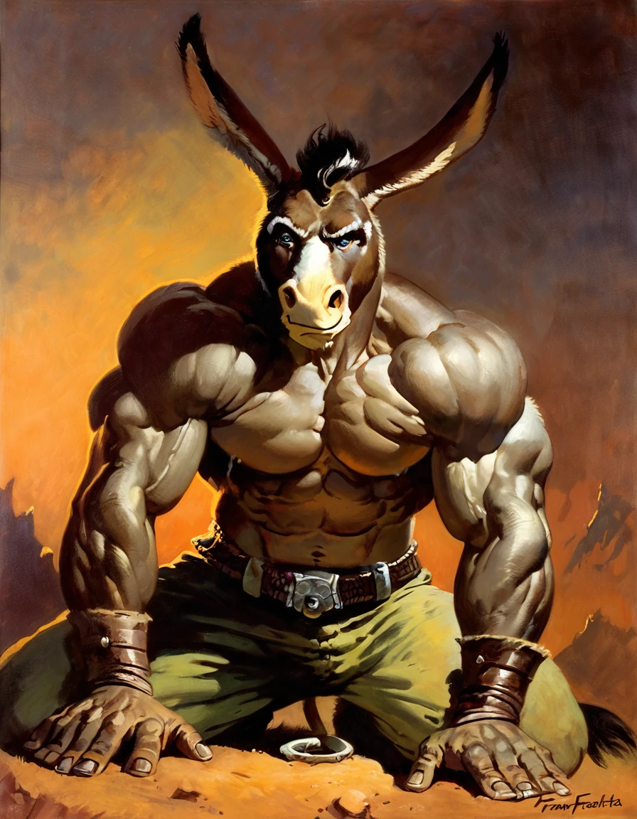 Donkey, by frank frazetta, solo, abs, pecs, male, all fours, crying, pants, detailed, masterpiece, best art,