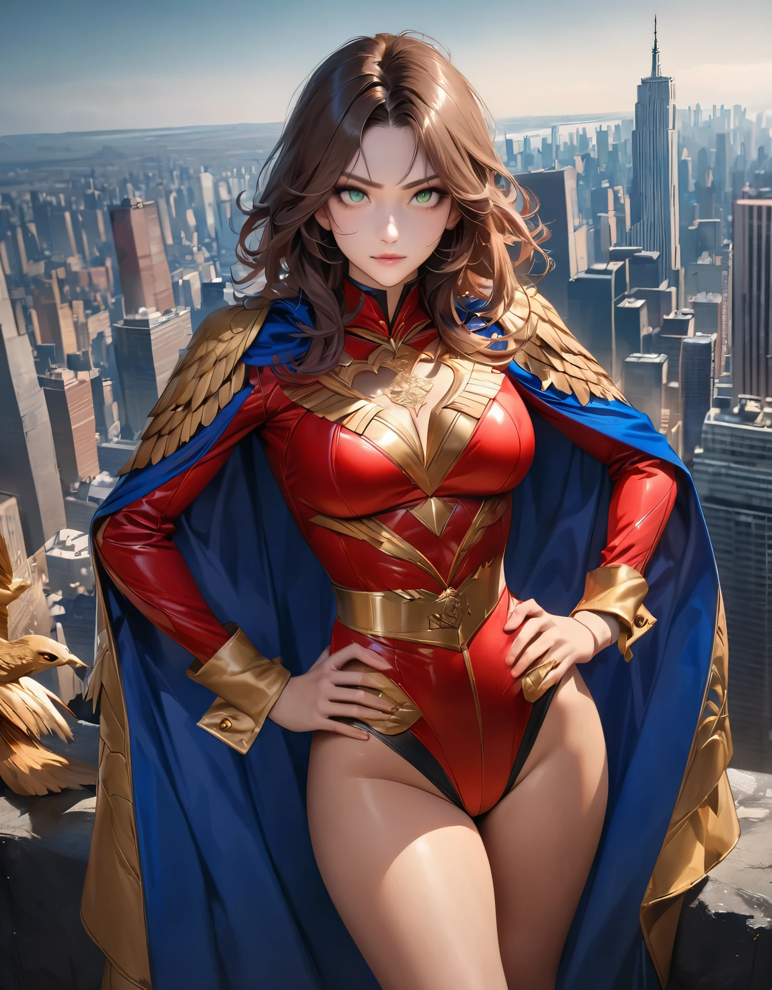 ((best quality)), ((masterpiece)), ((ultra realistic)), (dynamic heroic pose), solo, solo focus, american lady, beautiful detailed face, detailed eyes, sexy superhero, ((dressed in a red leotard with blue accents)), new york city backdrop, highly detailed, professional, bare legs, full body), hands on hip, standing, ((brown hair, medium hair)), green eyes, matching boots, yellow boots, ((long sleeves, yellow cuffs)), yellow hawk-shaped crest engraved on chest, ((blue cape)), cowboy shot, fastened tight gold belt, (perfect hands), full body with costume.