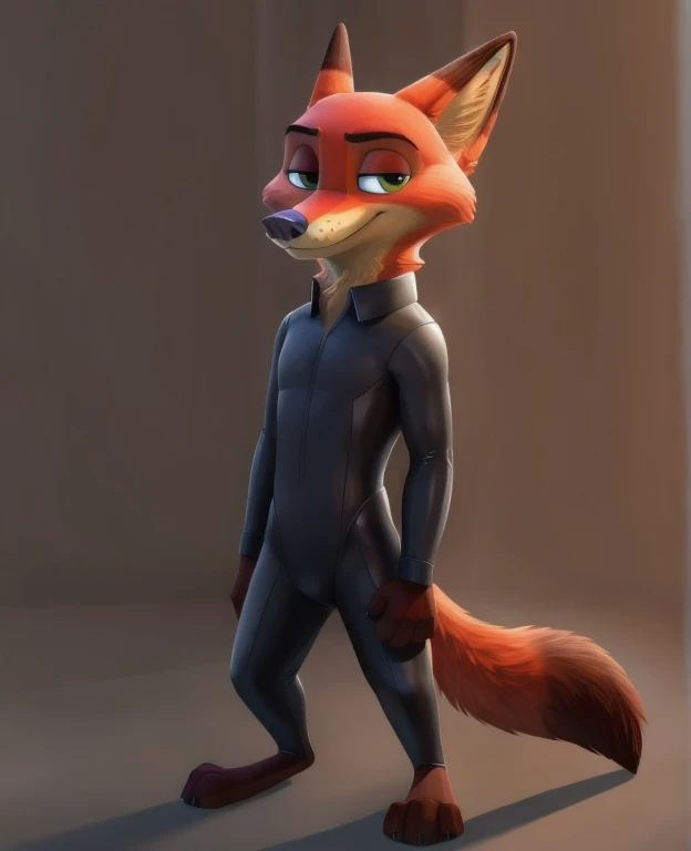 El malvado Nick Wilde, ojos rojos malvados, supertraje de latex oscuro, colmillos afilados, Vista de cuerpo completo, sin fondo