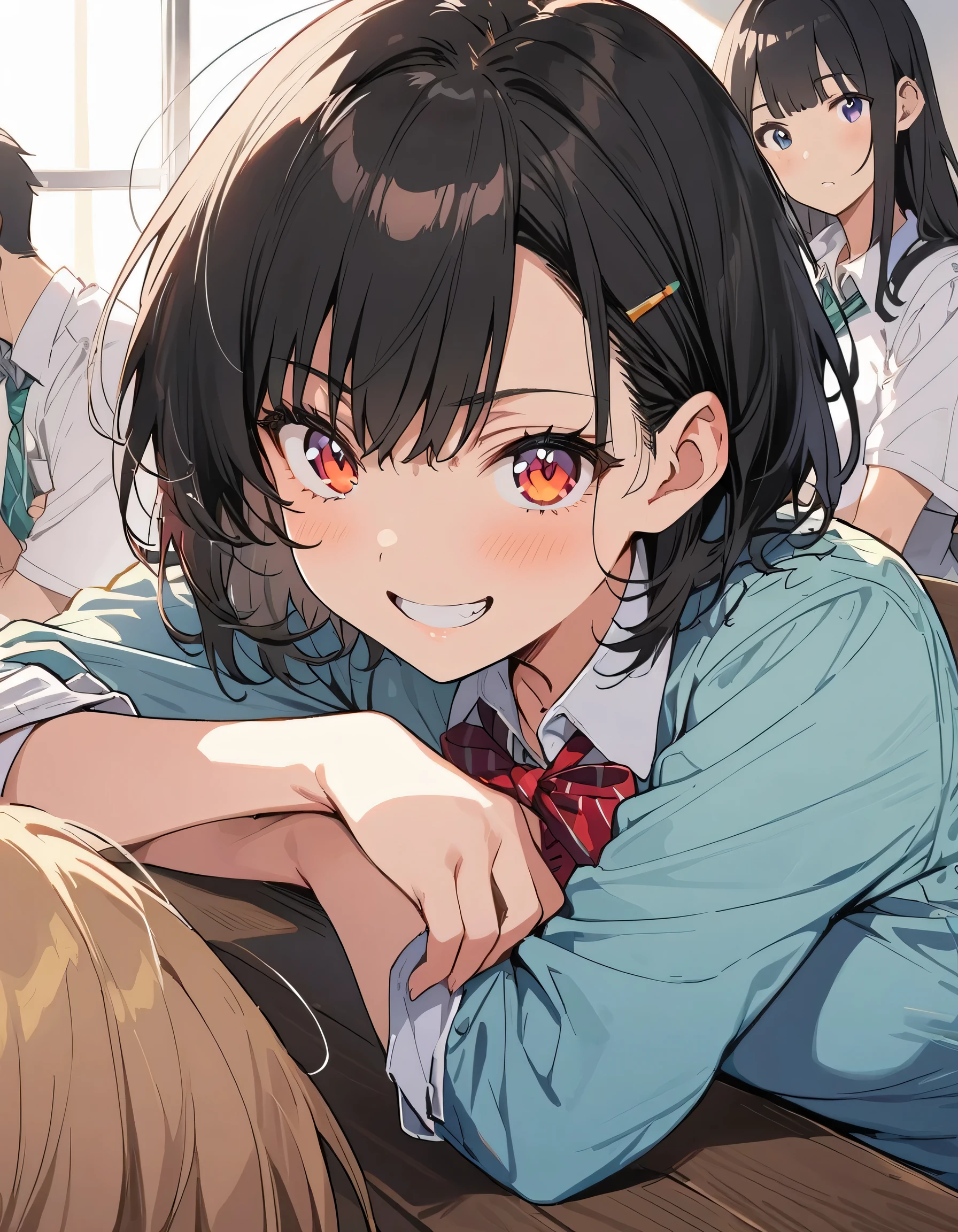 1 girl、(Black Hair、short hair:1.2)、(high school student、uniform)、(Playing arm wrestling with friends)、brave look、School classroom、(highest quality、masterpiece、High resolution、detailed)anime style、flat style、(Shining Eyes、Beautiful Face), BREAK,anime