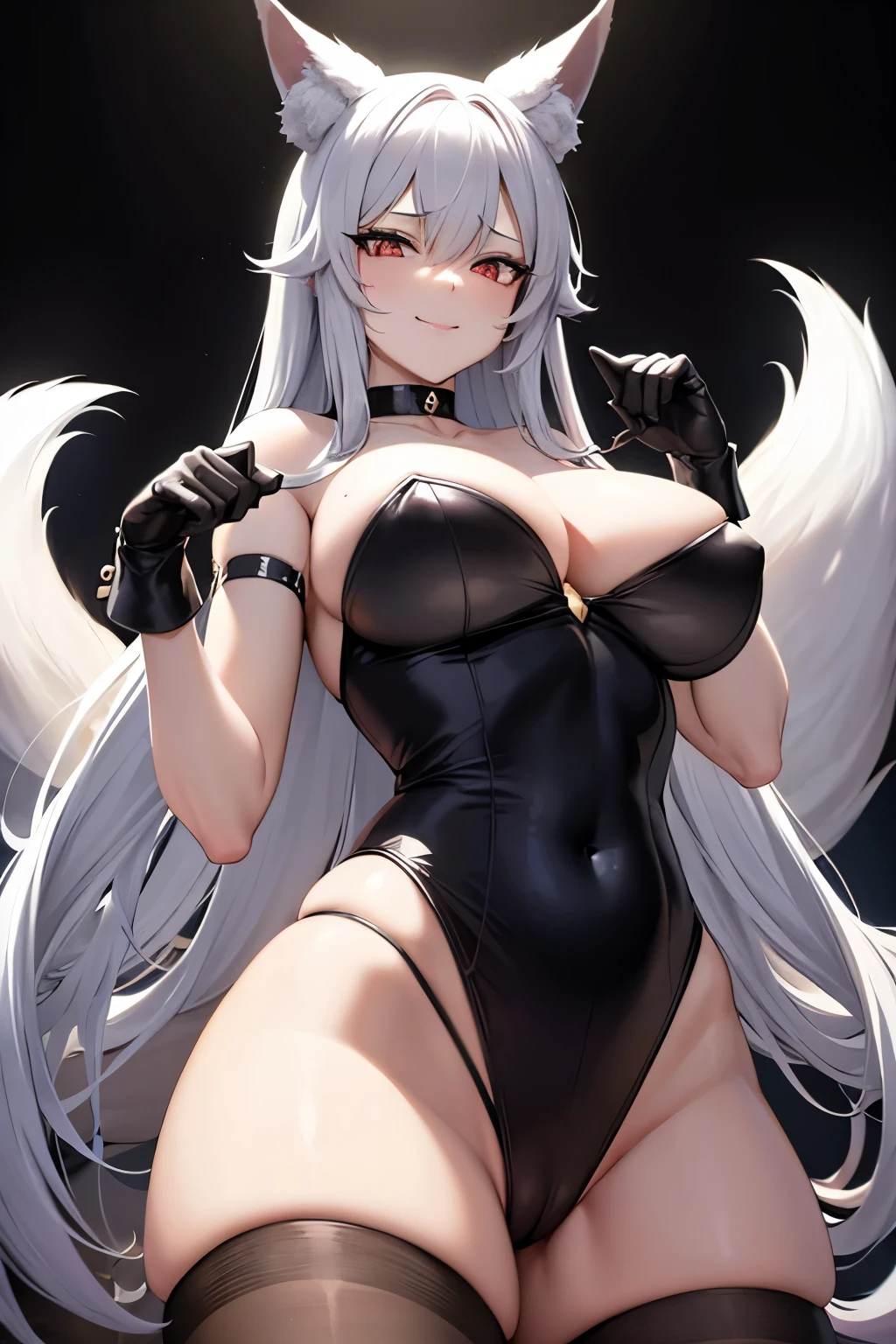 big fluffy tail, many tails, fox ears, Anime girl, Pretty face, obscene pose, You can see the underpants, evil smile, beautiful cinematic light, Black background, choker on the neck, stockings, Domination, full height, big breasts, from below, 4k