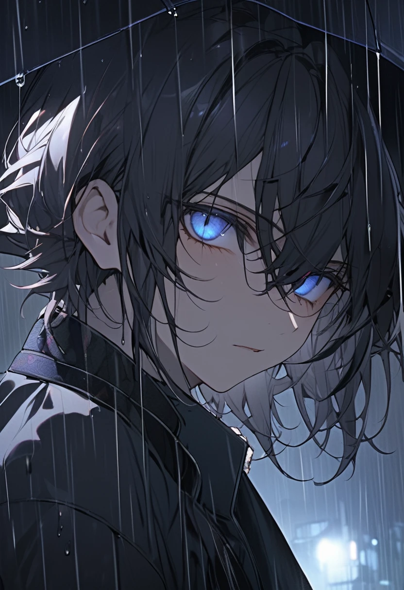 masterpiece, best quality, 1 demon boy, night , rain, detailed face, detailed eyes,japnese touch ,dark theme ,anime structure ,chracter should be a boy or man