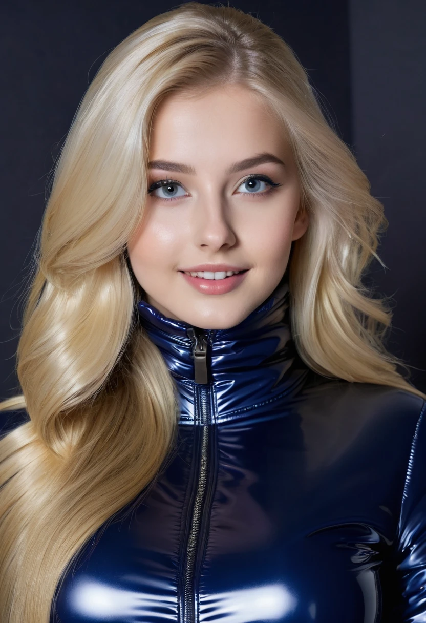 hyperrealistic beautiful 18-year-old women in shiny navy puffer jacket latex catsuit, model shooting photography, very long blonde straight hair, dark eye makeup with eyeliner, seductive smile, flashing , 8K, best quality, Meisterwerk, ultra high resolution, (Realismus: 1.4), Originalfoto, (realistische Hautstruktur: 1.3), (Filmkorn: 1.3), (Selfie-Winkel), 1 girl, Beautiful eyes and facial details, Meisterwerk, best quality,