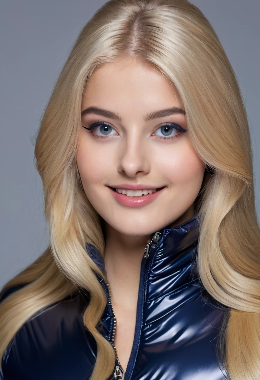 hyperrealistic beautiful 18-year-old women in shiny navy puffer jacket latex catsuit, model shooting photography, very long blonde straight hair, dark eye makeup with eyeliner, seductive smile, flashing , 8K, best quality, Meisterwerk, ultra high resolution, (Realismus: 1.4), Originalfoto, (realistische Hautstruktur: 1.3), (Filmkorn: 1.3), (Selfie-Winkel), 1 girl, Beautiful eyes and facial details, Meisterwerk, best quality,