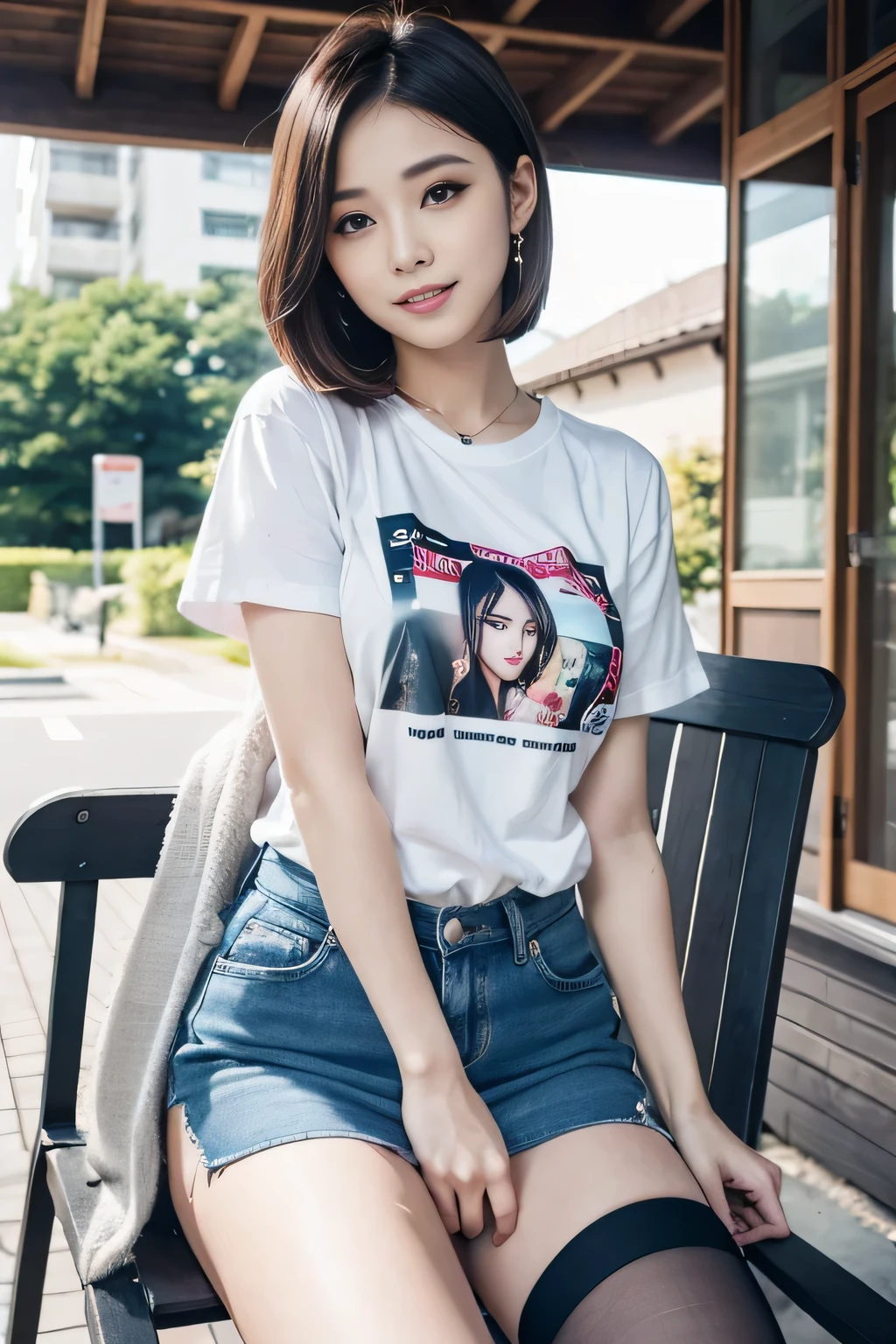 gravure model、Idol、Goddess smile(masutepiece), (Best Quality),BRAEK Adult makeup、eyeshadows、eye line、Teardrop Bag Makeup、shiny lip 20yr old tshirts a miniskirt pantiy large full breasts 、rialistic photo、Sitting on an outdoor chair