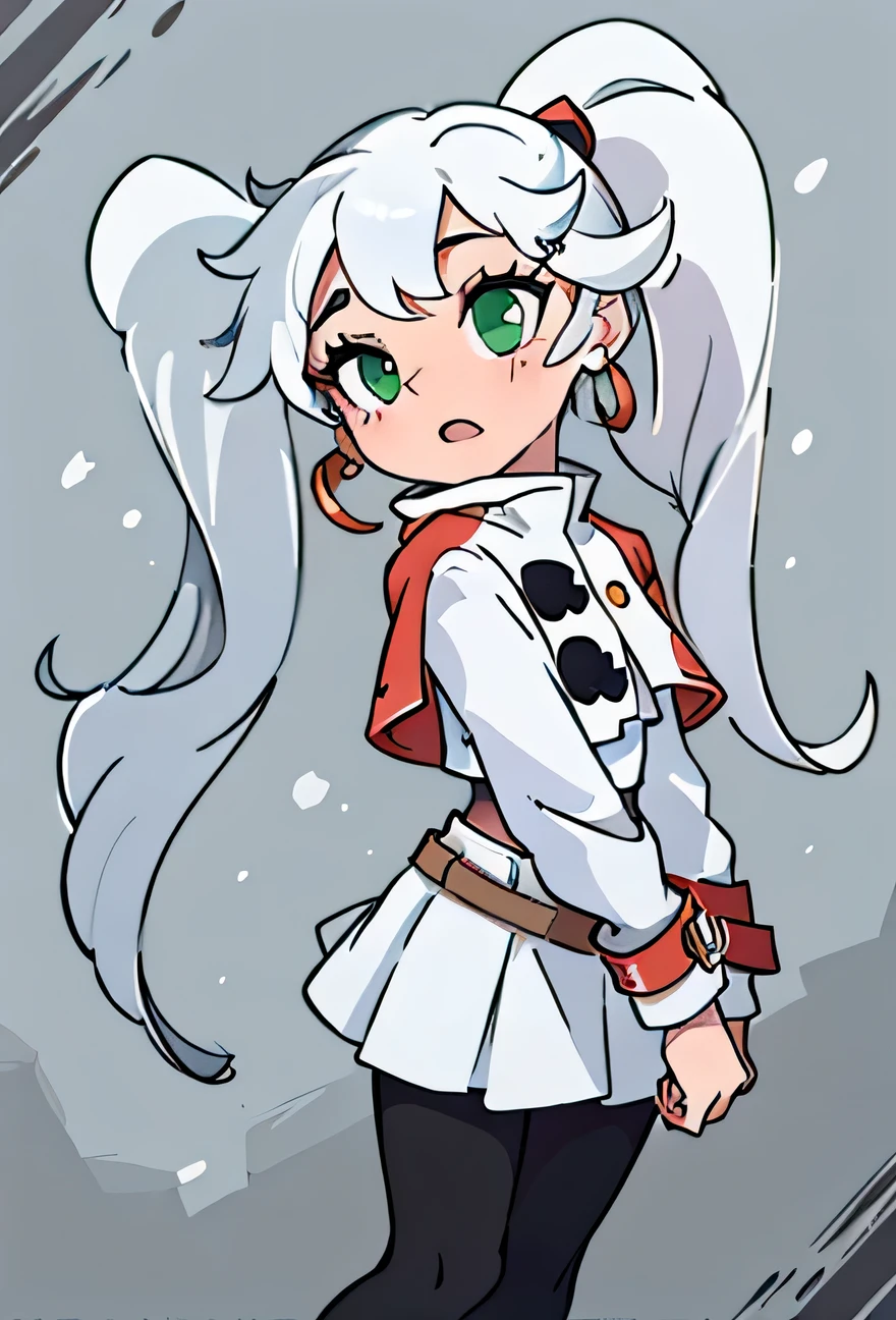powerpuff girls Kim Crab style, Frieren, green eyes, white hair, long twintails, earrings, , flat, white capelet, striped shirt, long sleeves, belt, white skirt, black pantyhose, 1 girl in full growth, best quality, masterpiece, ultra-detailed, cartoon, high resolution, 8K, look at viewer, parted bangs, thin long twintails down passed butt, stringy hair,