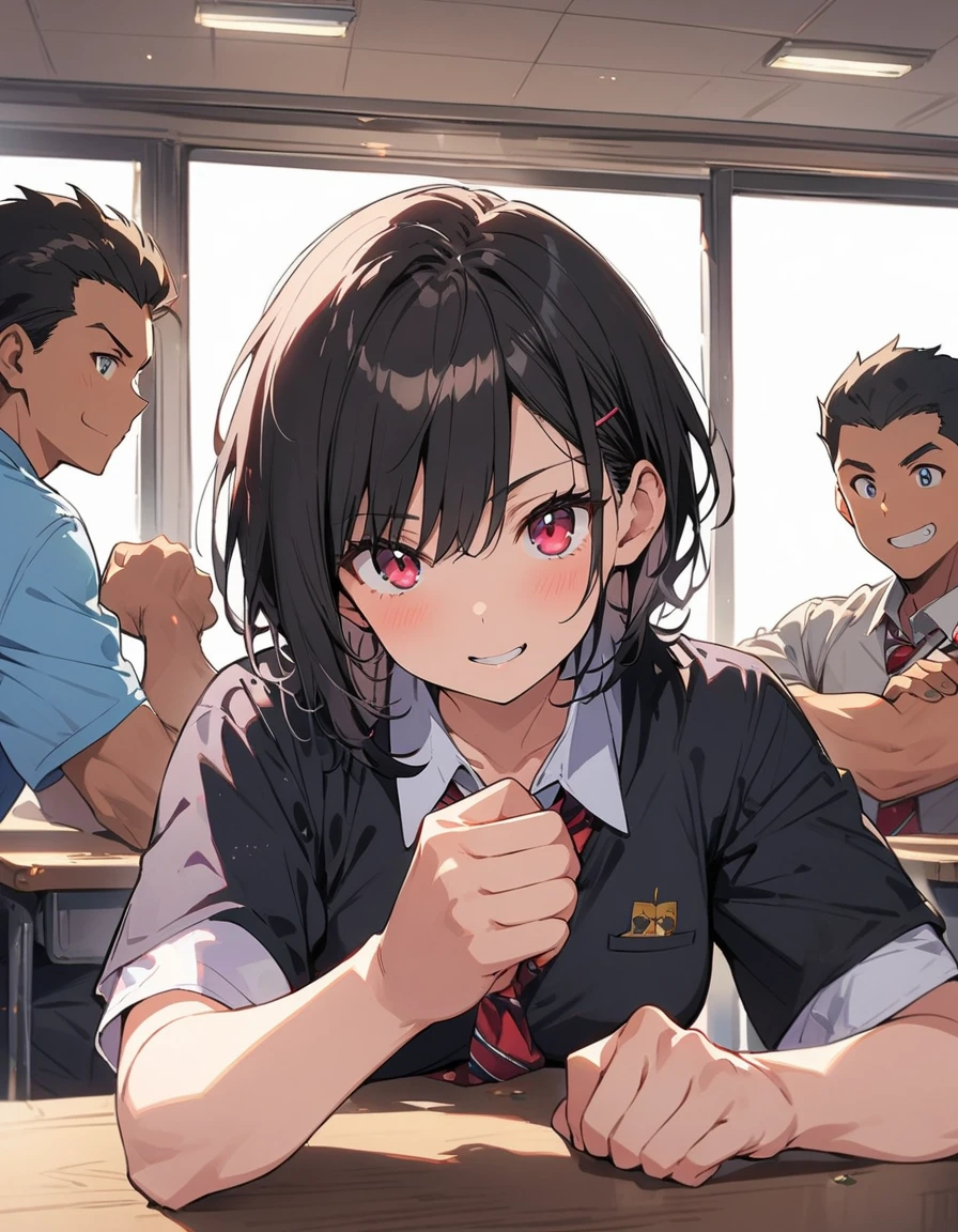 1 girl、(Black Hair、short hair:1.2)、(high school student、uniform)、(Playing arm wrestling with friends:1.3)、brave look、School classroom、(highest quality、masterpiece、High resolution、detailed)animeスタイル、flat style、(Shining Eyes、detailed美しい顔),  BREAK,anime