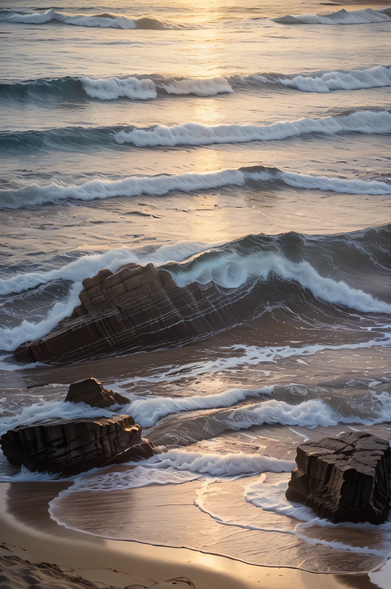 Night beach, the lights are shining, sand, beautiful waves, rocks