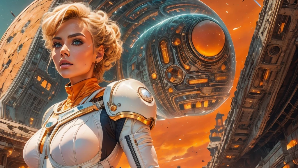 arafed image of a white woman in a futuristic suit with a spaceship in the background, movie art, in front of an orange background, inspired by Robert McGinnis, female protagonist, megastructure in the background, portrait of an ai astronaut, astronauts, an astronaut, portrait of a astronaut skeletor, perfect android girl, detailed eyes, perfectly detailed teeth, frank franzzeta and sakimichan  