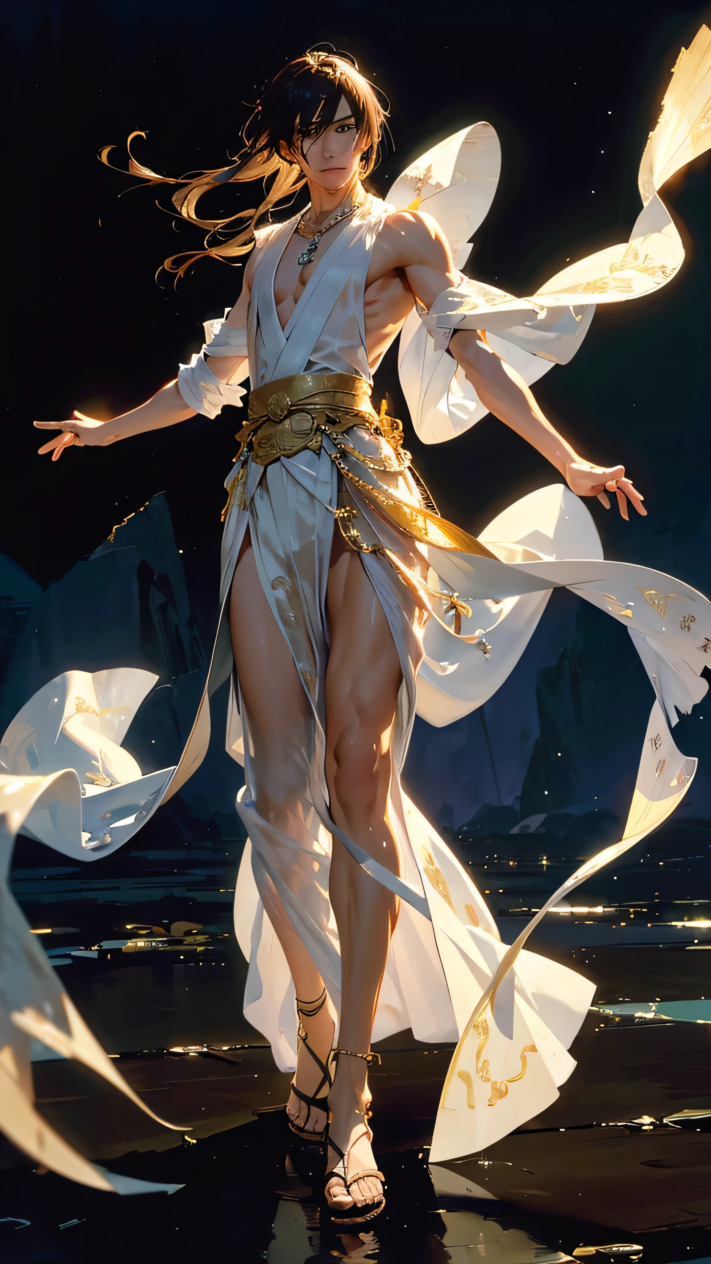 Standing in strap-on sandals.Japanese art，Electrically drawn animation，Animation-style live-action full-body frontal portrait.Oriental handsome boy，Delicate and three-dimensional facial features，Wet hair is light and elegant，robust，Oriental charm，Wearing a white Hanfu-type vest，Formal, exquisite and luxurious transparent robe with silver shoulders.White transparent bloomers.Exquisite gold-embellished waist armor.gold necklace pendant.ring jewelry，Chest muscles，Abdominal muscles，Tattoos on body and legs，spotlight effect，Interlacing of light and shadow，8K resolution，Delicate light and shadow，elegant clothes，Full body portrait .Character&#39;s eyes dark brown sharp eyes，Hands spread handsomely.Bright dark brown hair with loose short hair combed back，Strong Abdominal muscles.Exposed domineering，Japanese air feeling，motion blur，On clear glass，White splendid palace background.，dramatic atmosphere，Modern ancient style, classical, mysterious, elegant and quiet style image of the deity.Exquisite and luxurious majestic.Full body portrait