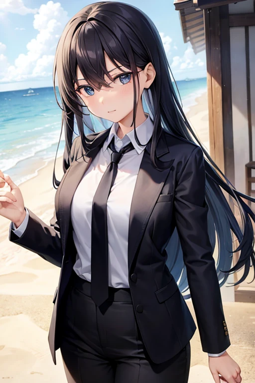 1girl, suit, black pants, black blazer, black necktie, white shirt, collared shirt, long hair, yellow hair, blue eyes, ager, looking at viewer, beach background, sweating, summer,