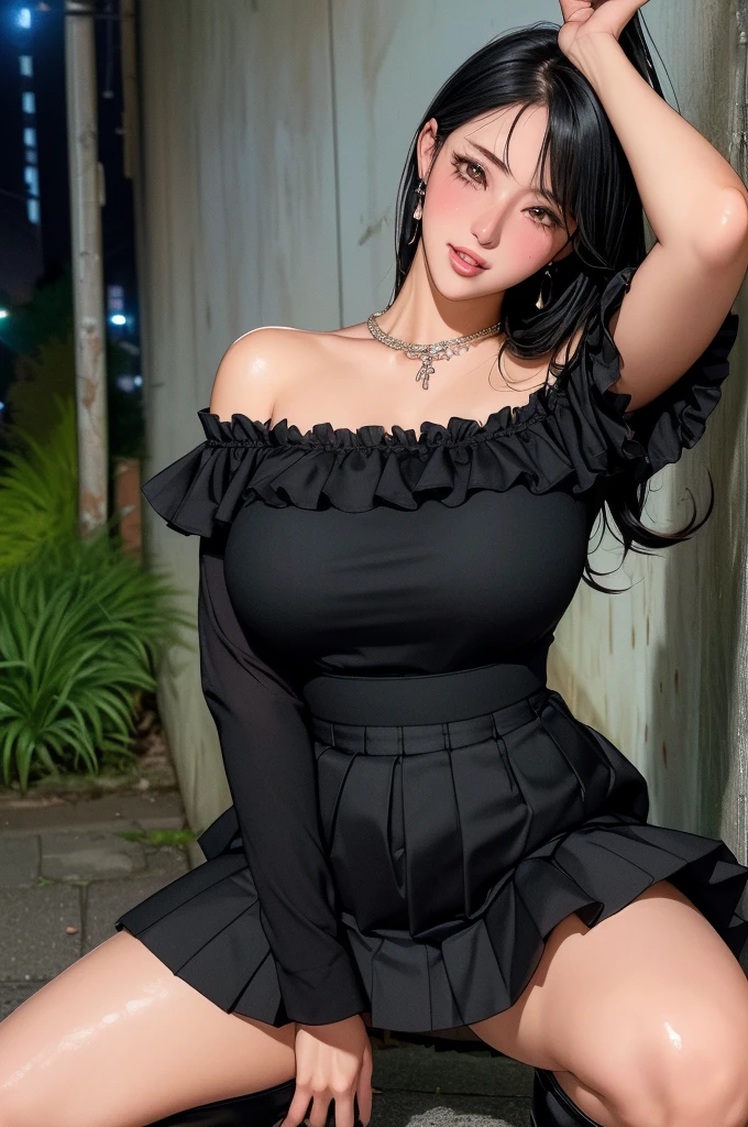 (nsfw),masterpiece,ultra detailed,sharp focus,high resolution,(night light at midnight,midnight,night,dark,:1.3),(tareme,mature female),(plump body),thick thighs,gigantic breasts,high beams,seductive anime girl,(off-the -shoulder black blouse,elegant frilled blouse,boots,short flare skirt,white skirt:1.1),necklace,earring,(black hair:1.2),(peace sign,double peace:1.1),(blushed:1.3),(squatting on ground,spreading legs),(at off street,back alley:1),(black armpit hair,pubic hair),(wet skin,saliva,opening mouth:1.1),,(excessive cum in pussy,bukkake,cremapie:1.1),smile,arms up