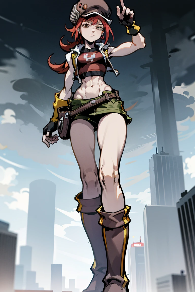 Towering red-haired powergirl, superheroine outfit, newsboy cap, midriff, toned arms, smug, abs, fingerless gloves, skirt, , boots, stomping the viewer ,GTS, Looming, Giantess,UGShiki, stomp