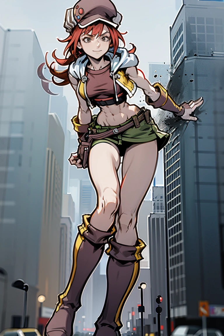 Towering red-haired powergirl, superheroine outfit, newsboy cap, midriff, toned arms, smug, abs, fingerless gloves, skirt, , boots, stomping the viewer ,GTS, Looming, Giantess,UGShiki, stomp