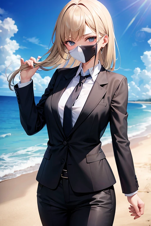 1girl, suit, black pants, black blazer, black necktie, white shirt, collared shirt, long hair, yellow hair, blue eyes, ager, looking at viewer, beach background, sweating, summer, cowboy shot