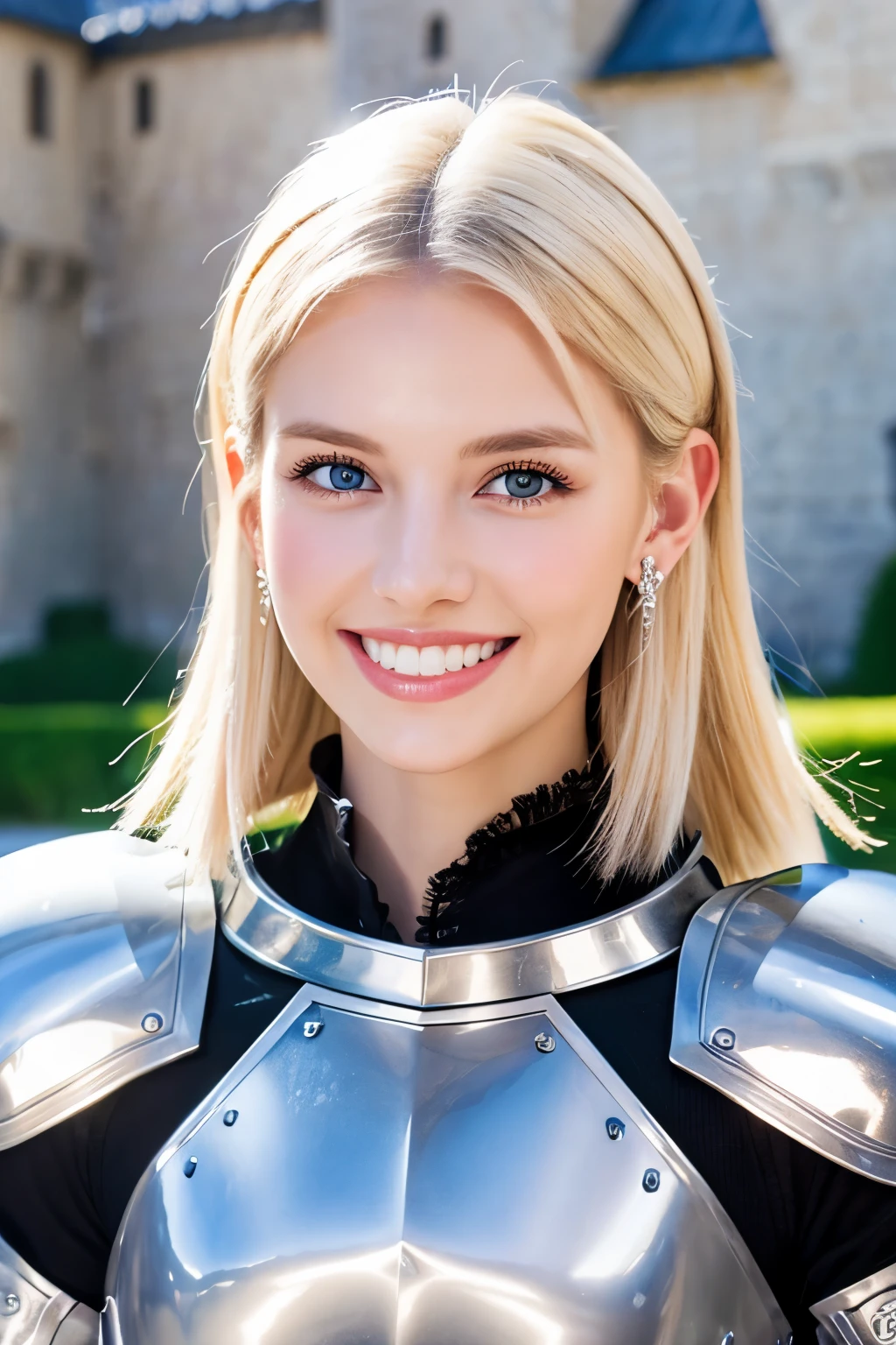 8K、highest quality、female knight、Luxurious Silver Armor、、hairstyle short cut、smile、Beautiful Teeth、Full body photo、ear piercing、blonde、White woman、blue eyes、Heavy makeup、The background is inside the castle