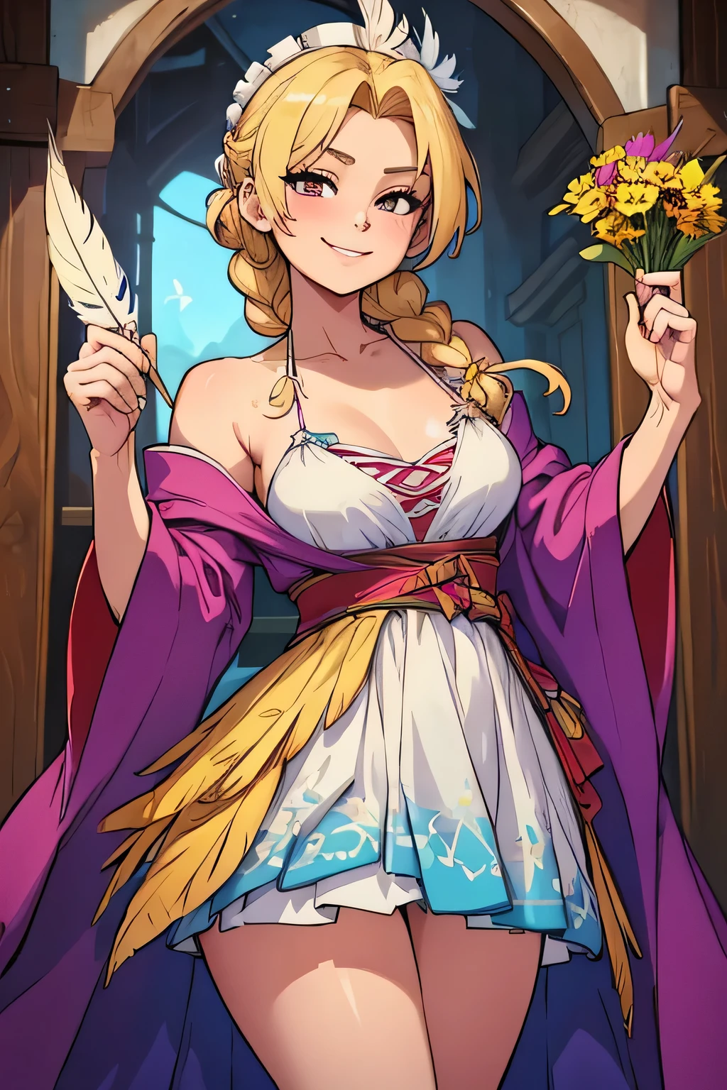 ((Masterpiece, best quality,edgQuality)),smiling,excited, 1girl,solo,standing,posing a woman in a colorful dress with feathers ,wearing edgPlume_(feather robe,bikini) edgCosette,blonde hair,braid,(flower) 