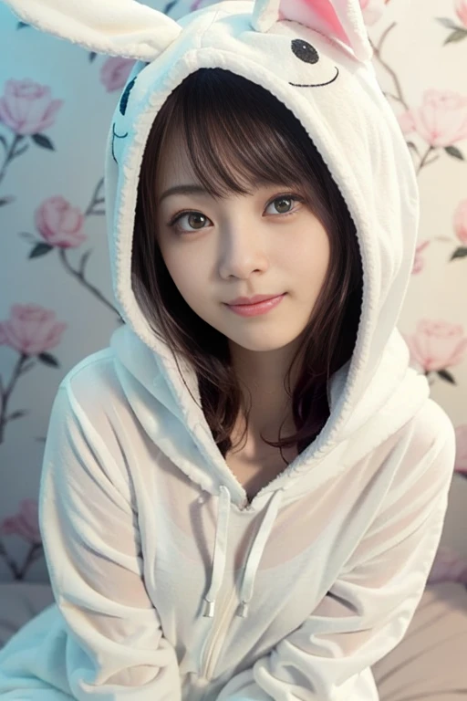 one girl, (a beauty girl, delicate girl:1.3), (:1.3),
break, (white rabbit kigurumi hood, fluffy kigurumi hood:1.2), perfectly trimmed fingers,
break, (cute girly room, pink wallpaper:1.2), sit on bed,
break, very fine eyes, (symmetrical eyes:1.3),
break, small breasts, brown eyes, parted bangs, brown hair, (upper teeth, best smile:0.2),
break, (eyes and faces with detailed:1.0),
break, (masterpiece, best quality, ultra detailed, detailed face, 8k)