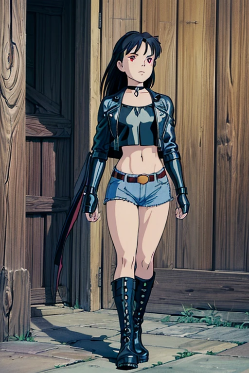 ((foto de corpo inteiro)), ((foto realista) 8k, high resolution,tonificado legs,low angle, athletic, magrelo, tonificado, corpo menor, cintura fina, garota demonio de cabelo curto branco , wearing gothic clothes and platform boots, em estilo anime, make her have gray skin and red eyes, bat wings plus I want her to wear black denim shorts with a leather belt and chains attached to it. I also want her to wear a spiked choker and a leather jacket with a black top. I want her to have black steel gauntlets and be a little muscular