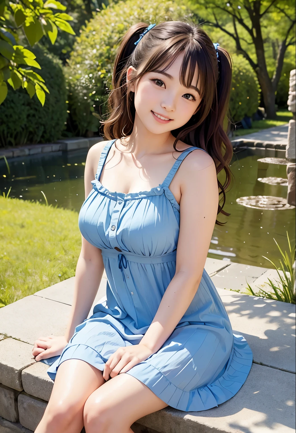 (highest quality,masterpiece:1.3,Ultra-high resolution),(Very detailed、Caustics) (Photorealistic:1.4, RAW shooting、)Ultra-Realistic Capture、very detailed、Natural skin texture、masterpiece、(Light blue summer dress:1.3)、1 Japanese girl、Adorable expression、Expressions of Happiness、************、Young face、Amazingly cute、Twin tails、Black Hair、curly hair、ribbon、light makeup、Big breasts that look like they&#39;re about to burst、Bare arms、This photo was taken in a private garden overlooking a pond.、Shining thighs、Smile、Lift one arm above your head、Junior high school student&#39;s favorite pose、Don&#39;t show your teeth、An inviting gaze、The exact number of fingers on both hands、