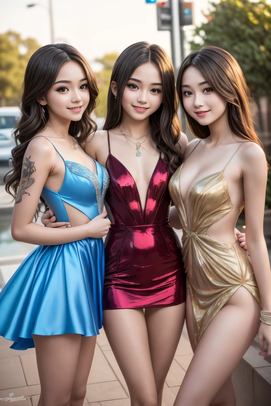 8k, 3 hot sweet innocent tween 18 year old close friends, showing legs, beautiful age girls, model, elegant detailed prom dress with cutouts, expressive eyes, makeup, real photography, slender, abs, colored hair, tattoos, enticing, laughing, photorealistic