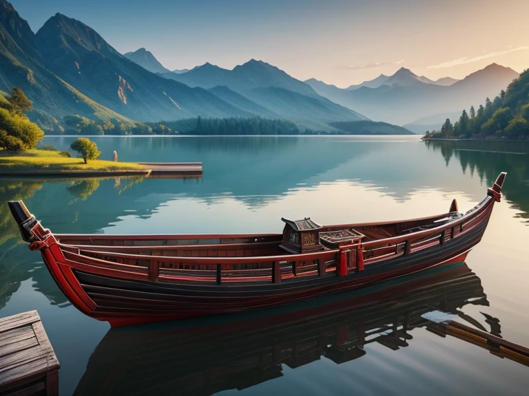 traditional chinesse wooden boat, with Dragonhead, on a serene lake,digital art, Watercolor, trending on artstation, sharp focus, studio photo, intricate details, highly detailed