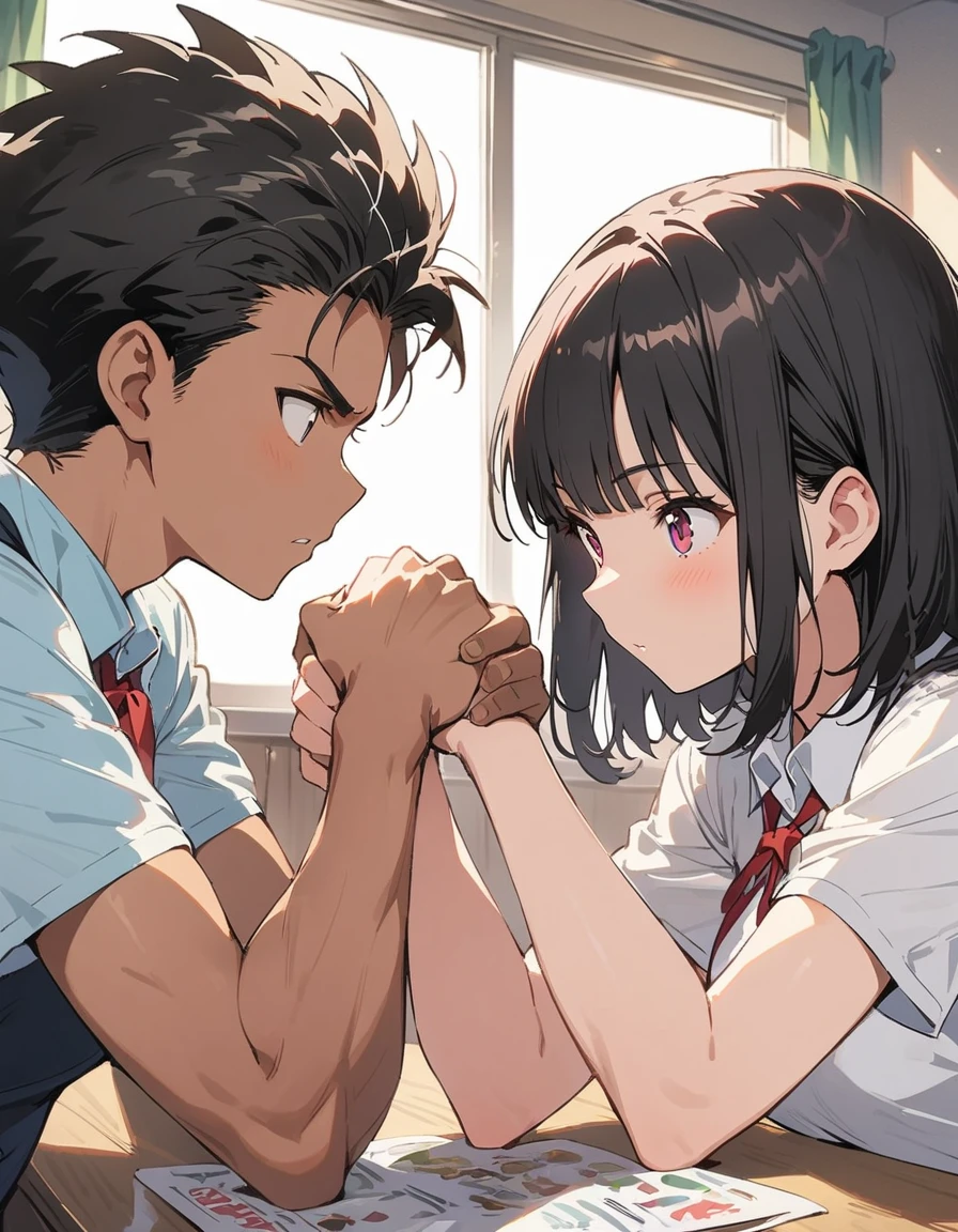 1 girl、(Black Hair、short hair:1.2)、(high school student、uniform)、(Playing arm wrestling with friends:1.3)、brave look、School classroom、(highest quality、masterpiece、High resolution、detailed)animeスタイル、flat style、(Shining Eyes、detailed美しい顔), BREAK,anime