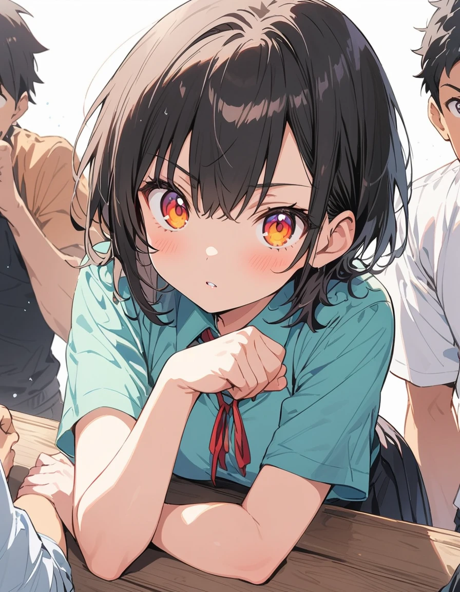 1 girl、(Black Hair、short hair:1.2)、(high school student、uniform)、(Playing arm wrestling with friends:1.3)、brave look、School classroom、(highest quality、masterpiece、High resolution、detailed)animeスタイル、flat style、(Shining Eyes、detailed美しい顔), BREAK,anime