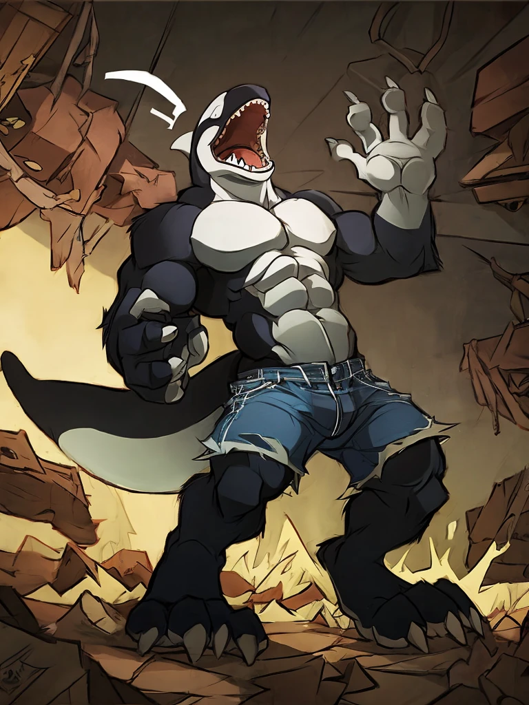 Solo male, orca, by kuma, shocked, in pain, screaming, abs, torn shorts, claws, digitigrade