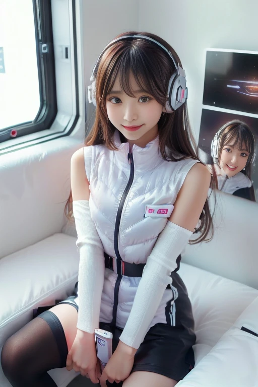((NSFW: 1.4)), ((Detailed face, Professional photography)), ((NSFW, zettai ryouiki, 1 girl)), Ultra-high resolution, (Realistic: 1.4), RAW Photos, highest quality, (PhotoRealistic Stick), concentrated, Soft Light, ((30 years old)), ((Japanese)), (( (Young Face))), (surface), (Depth of written boundary), masterpiece, (Realistic),(inside ISS):3, woman, ,astrovest:2,headphone:2,smartwatch,,bangs, ((1 girl)),(black sleeves):2,(black tights):2,inside spacestation,inside spacecraft,,zero gravity,smile,open leg,blush:1.5,hidden hands,neotech