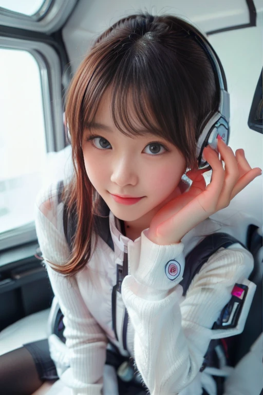 ((NSFW: 1.4)), ((Detailed face, Professional photography)), ((NSFW, zettai ryouiki, 1 girl)), Ultra-high resolution, (Realistic: 1.4), RAW Photos, highest quality, (PhotoRealistic Stick), concentrated, Soft Light, ((30 years old)), ((Japanese)), (( (Young Face))), (surface), (Depth of written boundary), masterpiece, (Realistic),(inside ISS):3, woman, ,astrovest:2,headphone:2,smartwatch,,bangs, ((1 girl)),(black sleeves):2,(black tights):2,inside spacestation,inside spacecraft,,zero gravity,smile,open leg,blush:1.5,hidden hands,neotech