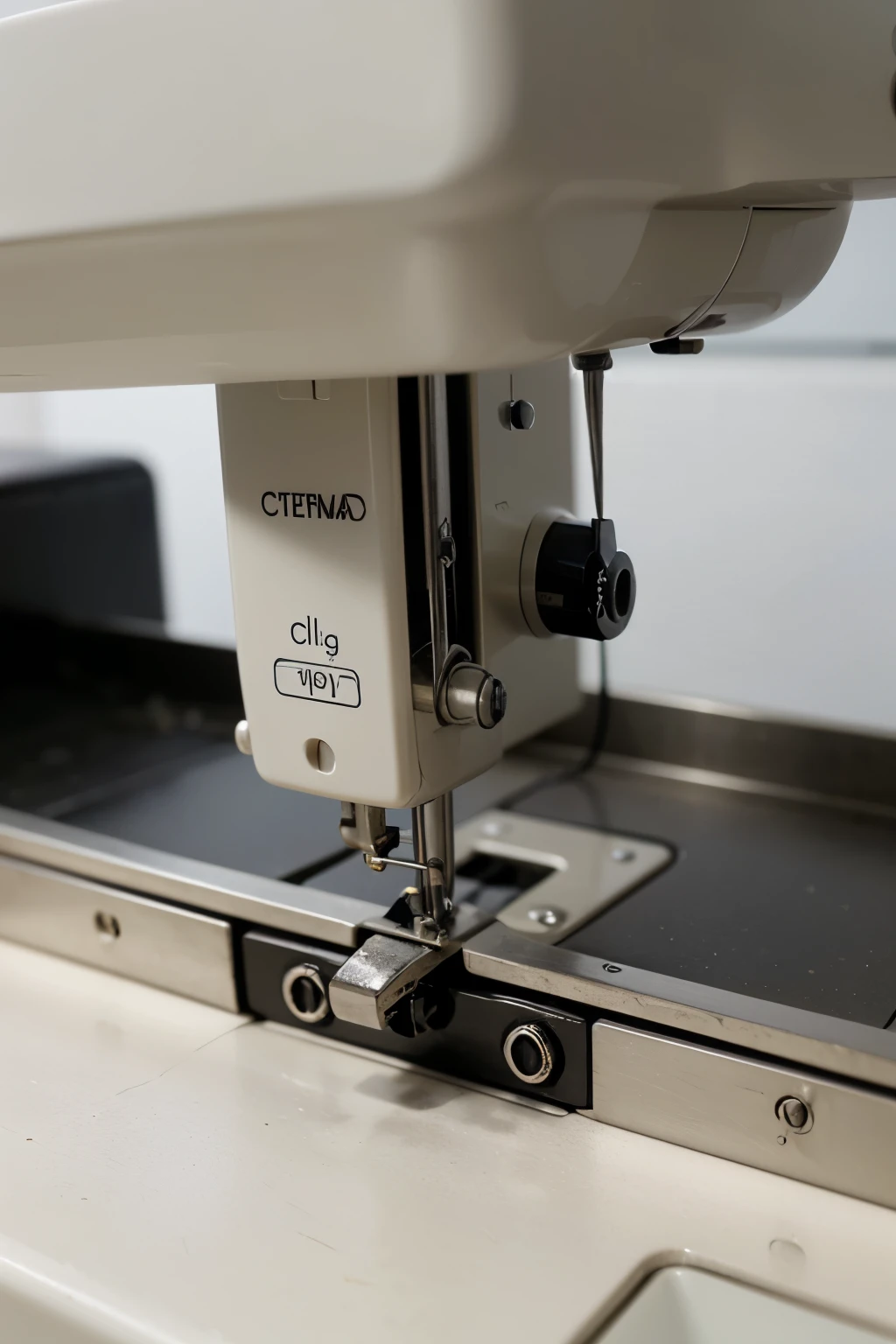 ultra close-up image of a minimalist sewing machine in horizontal orientation